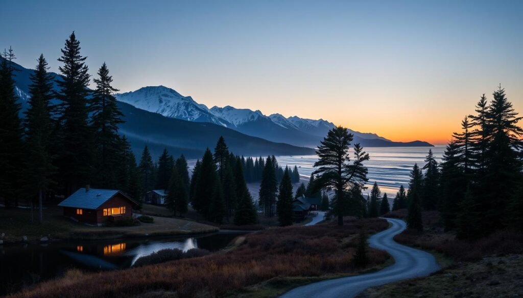 A serene mountain landscape nestled beside a tranquil coastal retreat. In the foreground, a secluded cabin rests amidst towering pines, its warm glow reflecting off a still lake. The middle ground reveals a winding path leading to a picturesque beach, where gentle waves caress the shore. In the distance, majestic snow-capped peaks pierce the horizon, bathed in the soft light of a golden sunset. The scene exudes a sense of seclusion and escape, inviting the viewer to imagine a peaceful getaway from the bustle of everyday life.