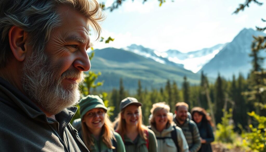 A serene mountain landscape serves as the backdrop, with snow-capped peaks and lush green forests. In the foreground, a group of adventurous travelers follow a knowledgeable local guide, listening intently as they explore a hidden trail. Dappled sunlight filters through the canopy, casting a warm, inviting glow over the scene. The guide's weathered, experienced face exudes a sense of confidence and deep understanding of the area. The hikers' expressions reflect a mix of excitement and wonder as they immerse themselves in the rugged, untamed beauty of the Alaskan wilderness. The image conveys a sense of discovery, adventure, and the value of local expertise in unlocking the secrets of this majestic landscape.