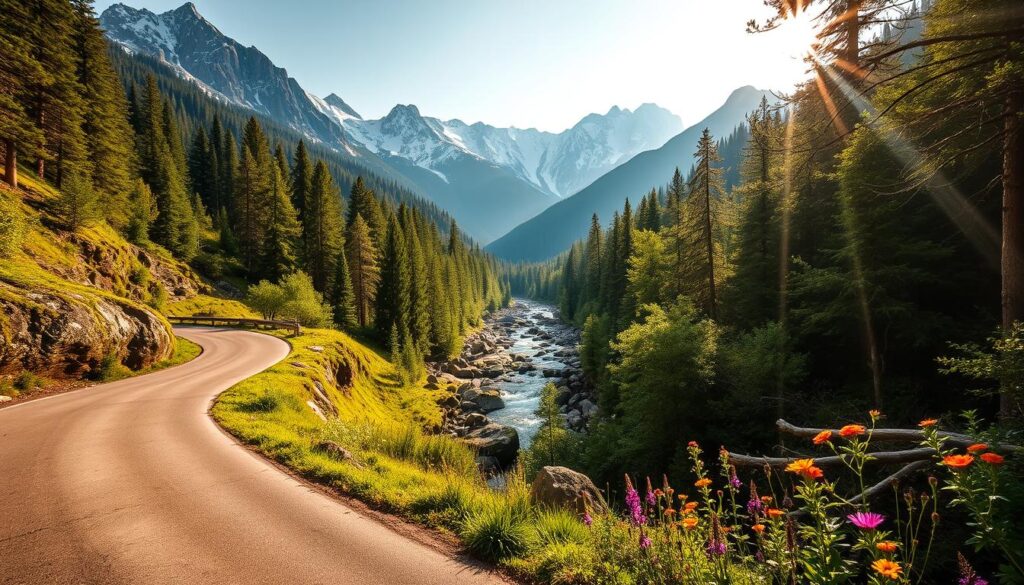 A serene mountain road winds through lush, verdant forests, flanked by majestic peaks capped with pristine snow. Sunlight filters through the canopy, casting a warm, golden glow over the winding path. In the distance, a crystal-clear stream cascades over mossy boulders, its soothing sounds mingling with the gentle rustling of leaves. Vibrant wildflowers dot the landscape, adding pops of color to the natural splendor. A wide-angle lens captures the breathtaking panorama, inviting the viewer to embark on a journey through Georgia's stunning natural beauty.