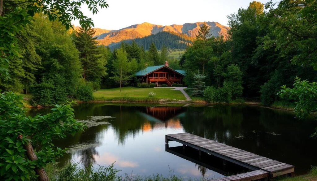 A serene nature retreat nestled amidst lush, verdant foliage. In the foreground, a tranquil pond reflects the surrounding trees and a wooden dock. In the middle ground, a well-appointed cabin with a rustic, cabin-like aesthetic blends seamlessly into the natural landscape. In the background, rolling hills and towering mountains create a breathtaking panorama, bathed in soft, warm lighting that casts a golden glow over the entire scene. The atmosphere is one of calm, rejuvenation, and a deep connection to the natural world, inviting visitors to unwind and find solace in the beauty of this picturesque retreat.