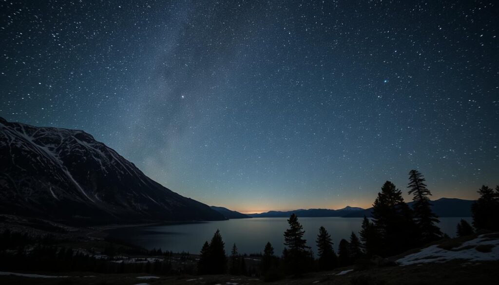 A serene night sky blanketed in a tapestry of twinkling stars, illuminating a rugged, untamed landscape. In the foreground, a majestic mountain range rises, its peaks capped with a dusting of snow that reflects the celestial glow. The middle ground features a tranquil lake, its still waters mirroring the heavens above. Along the shores, clusters of tall, ancient pine trees sway gently in a cool, refreshing breeze. The background is dominated by a vast, inky expanse punctuated by the faint glow of distant galaxies, creating an atmosphere of profound solitude and wonder. The scene is captured through a wide-angle lens, emphasizing the vastness and grandeur of this hidden stargazing gem.