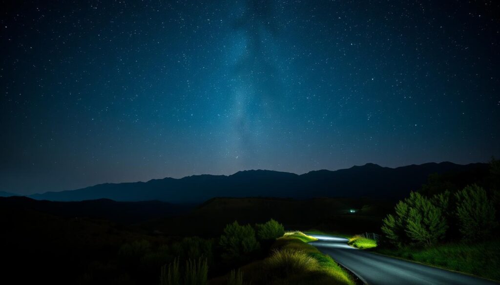 A serene night sky illuminated by the ethereal glow of countless stars, captured in an international dark sky park. In the foreground, a tranquil landscape of rolling hills and lush foliage, untouched by the intrusion of artificial light. The middle ground features a winding path, inviting visitors to immerse themselves in the awe-inspiring celestial display above. The background showcases majestic mountains, their silhouettes silhouetted against the inky blackness of the night. The scene is bathed in a soft, ambient light, creating a sense of serenity and wonder. The overall composition conveys the peace and beauty of these designated havens for noctourism and stargazing enthusiasts.