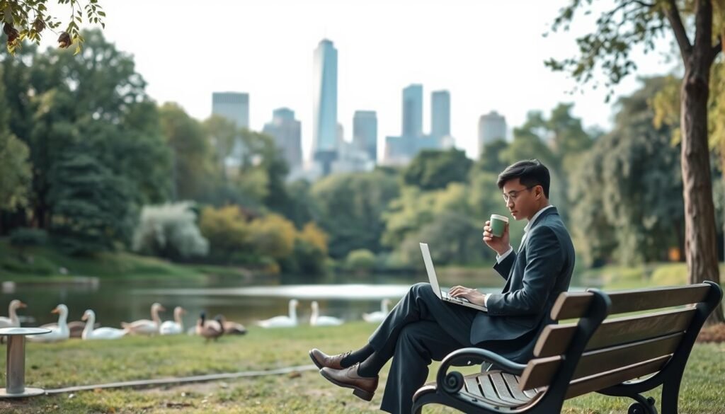 A serene oasis amidst the bustling city. In the foreground, a person in a business suit sits contentedly on a park bench, laptop closed, sipping a warm beverage. The middle ground features lush greenery and a tranquil pond, where ducks leisurely swim. In the background, the skyline of a modern metropolis rises, a testament to the juxtaposition of work and leisure. Soft, natural lighting filters through the trees, creating a calming atmosphere. A wide-angle lens captures the harmony between the urban landscape and the personal moment of respite, conveying the essence of work-life balance.