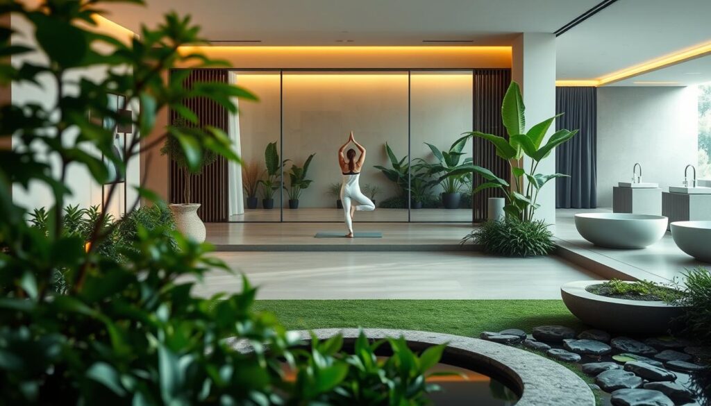 A serene oasis of holistic wellness programs unfolds, bathed in warm, diffused lighting. In the foreground, a tranquil meditation garden with lush foliage and a calming water feature invites guests to pause and find inner peace. The middle ground showcases a modern, minimalist yoga studio with floor-to-ceiling windows, where practitioners move through graceful asanas. In the background, a state-of-the-art spa facility offers rejuvenating treatments, from aromatherapy massages to holistic skincare rituals. The overall atmosphere exudes a sense of balance, harmony, and a deep commitment to total well-being, capturing the essence of a transformative wellness retreat.