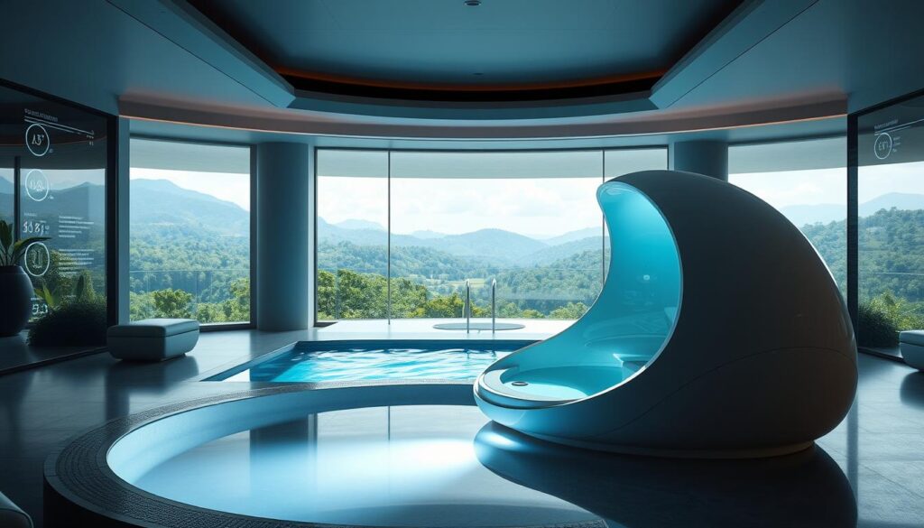 A serene oasis of innovative wellness technologies. In the foreground, a sleek and futuristic hydrotherapy pod, its translucent shell glowing with a soft, therapeutic light. Surrounding it, state-of-the-art biometric sensors and holographic displays showcase real-time health data. In the middle ground, a tranquil indoor pool with massage jets and soothing chromotherapy lighting. In the background, a panoramic view of lush, verdant landscapes, hinting at the natural environment's integration with this cutting-edge wellness haven. The overall atmosphere exudes a sense of calm, rejuvenation, and a harmonious blend of technology and nature.