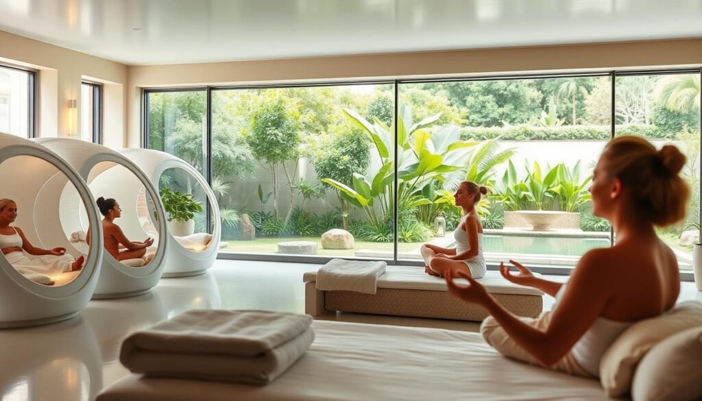 A serene oasis showcasing the latest rejuvenation therapies. In the foreground, a tranquil spa setting with state-of-the-art wellness pods and holistic treatment stations. Soft, natural lighting filters in through large windows, creating a calming ambiance. In the middle ground, guests participate in guided meditation and restorative bodywork, their faces radiating a renewed vitality. The background depicts lush, verdant gardens and a soothing water feature, conveying a sense of restorative harmony. The overall scene exudes a palpable air of tranquility and renewed vigor, a passport to longevity and wellness.