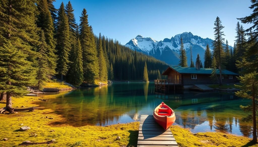 A serene off-the-grid lakeside cabin nestled in a lush evergreen forest, with a wooden dock and a kayak gently resting on the calm, crystalline waters. The cabin's rustic exterior is bathed in soft, warm sunlight, casting long shadows across the mossy ground. In the background, majestic snow-capped mountains rise majestically, their peaks piercing the azure sky. A sense of tranquility and solitude pervades the scene, inviting the viewer to discover the hidden gem of this untouched, picturesque American landscape.