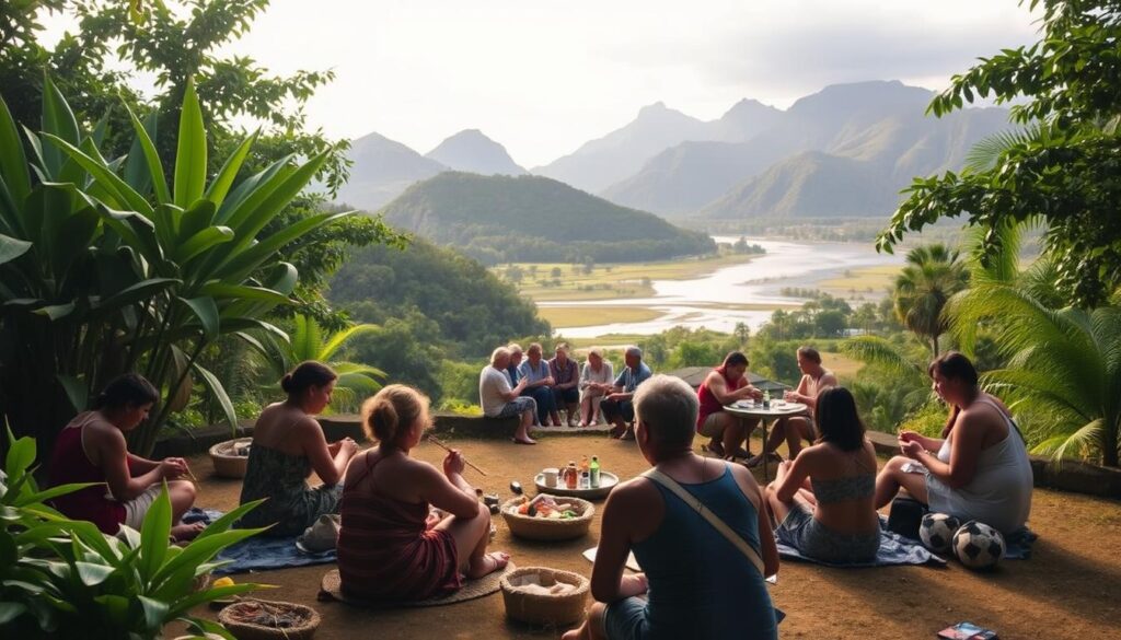 A serene outdoor scene in Kuranda, Australia, showcasing cultural immersion experiences. In the foreground, a group of people engage in traditional Aboriginal arts and crafts, surrounded by lush tropical foliage. The middle ground features a small gathering of locals sharing a meal and conversation, conveying a sense of community. In the background, a backdrop of stunning mountain ranges and a tranquil river create a picturesque natural setting. The lighting is soft and diffused, casting a warm, golden glow over the scene. The angle is slightly elevated, allowing for a panoramic view of the activities and environment. The overall mood is one of authenticity, connection, and a deep appreciation for the local way of life.