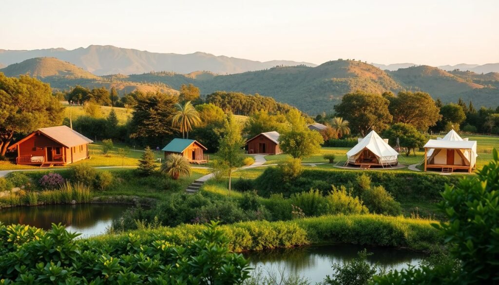 A serene retreat nestled in a lush, verdant landscape, with cozy cabins and tents dotting the scenery. In the foreground, a tranquil pond reflects the surrounding foliage, creating a calming atmosphere. In the middle ground, various accommodation options are visible, ranging from rustic wooden cabins to more luxurious glamping tents, each showcasing the range of cost and comfort levels available. The background features rolling hills and a distant mountain range, creating a sense of seclusion and escape. The lighting is soft and natural, with a warm, golden hue that evokes a peaceful, rejuvenating ambiance. The overall scene conveys the retreat's focus on mindfulness, wellness, and value, perfectly capturing the essence of the "Cost, Accommodations, and Value Offered" section.