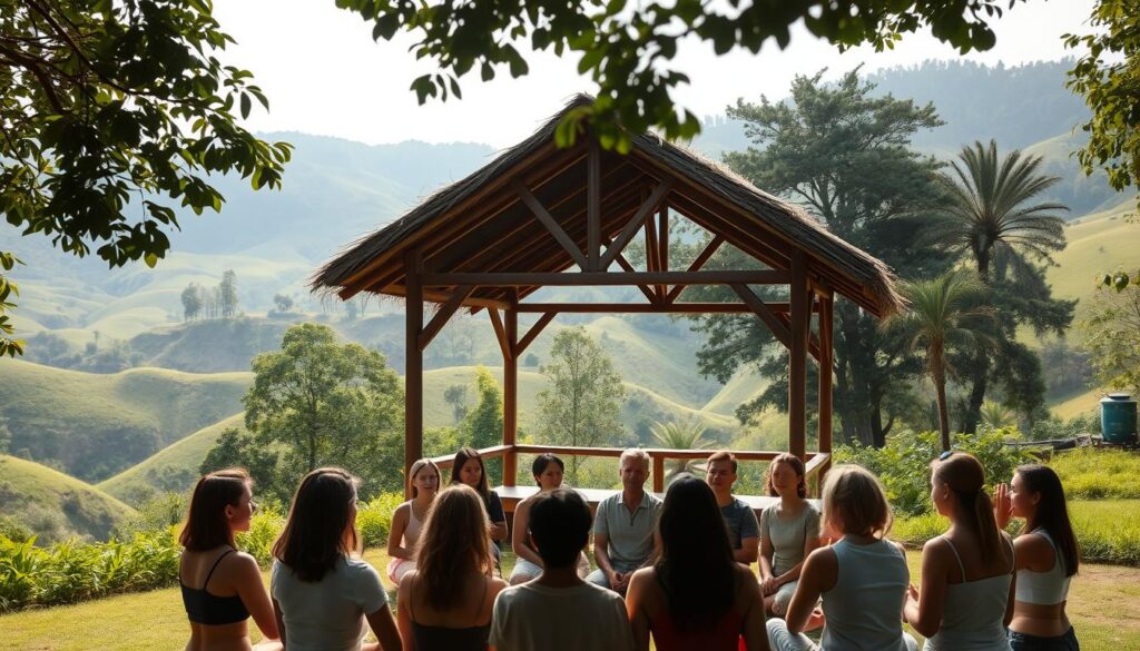 A serene retreat nestled in a lush, verdant landscape. In the foreground, a group of people gathered in a circle, participating in a healing workshop. Soft, natural lighting bathes the scene, creating a calming atmosphere. In the middle ground, an open-air pavilion stands, its wooden beams and thatched roof inviting tranquility. Further back, rolling hills and towering trees create a picturesque backdrop, conveying a sense of isolation and escape from the outside world. The participants are engaged in mindful activities, their expressions serene and introspective, as they seek to find inner peace and balance within this peaceful sanctuary.