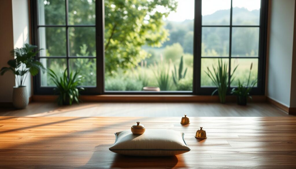 A serene scene of a daily meditation schedule unfolds, set against the backdrop of a tranquil retreat nestled in the heart of the American landscape. In the foreground, a minimalist wooden table holds a neatly arranged display of meditation props - a cushion, a bell, and a small incense holder, all bathed in soft, natural lighting. The middle ground features a large window overlooking a lush, verdant garden, creating a seamless transition between the indoor and outdoor spaces. The background is a calming, muted color palette, evocative of the peaceful ambiance of the retreat. The overall composition conveys a sense of focus, balance, and a harmonious integration of the physical and spiritual elements that embody the essence of mental wellness retreats in the USA in 2025.