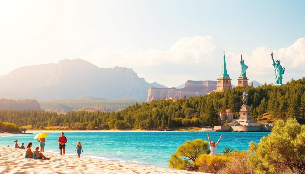 A serene summer landscape showcasing iconic family-friendly destinations across the United States. In the foreground, a vibrant sandy beach with families enjoying the warm sun and crystal-clear waters. In the middle ground, majestic mountains and lush forests, hinting at the diverse natural wonders to explore. The background features recognizable landmarks like the Grand Canyon, Yellowstone National Park, and the Statue of Liberty, all bathed in a soft, golden glow. The scene exudes a sense of adventure, relaxation, and cherished memories, inviting viewers to plan their next unforgettable family vacation.