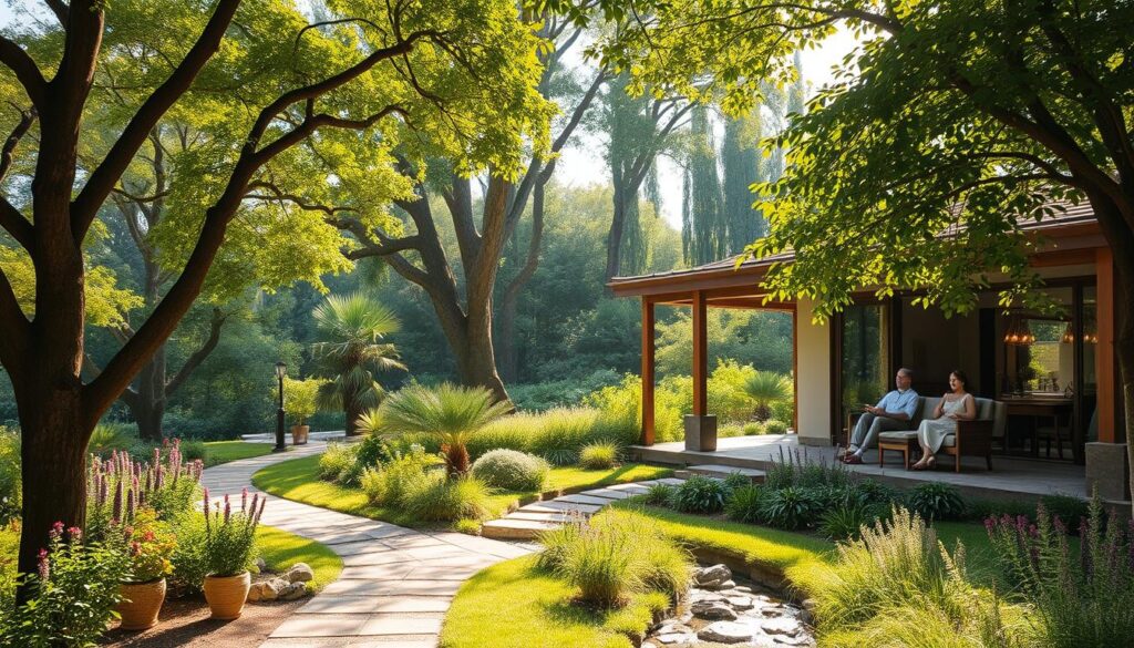 A serene, sun-dappled garden oasis, with a elegant guest retreat nestled amidst lush greenery. Soft natural light filters through the canopy of mature trees, casting a warm, inviting glow. In the foreground, a path winds through a well-manicured landscape, lined with vibrant flowers and meandering streams. The guest house itself is a tasteful blend of modern architecture and rustic charm, its clean lines and earthy materials in harmony with the surrounding environment. Guests relax on a spacious patio, sipping herbal tea and taking in the tranquil ambiance. Subtle details, such as woven baskets and handcrafted furnishings, evoke a sense of mindful wellness and connection to nature. This is a haven of rest and rejuvenation, a restorative retreat for the modern traveler.