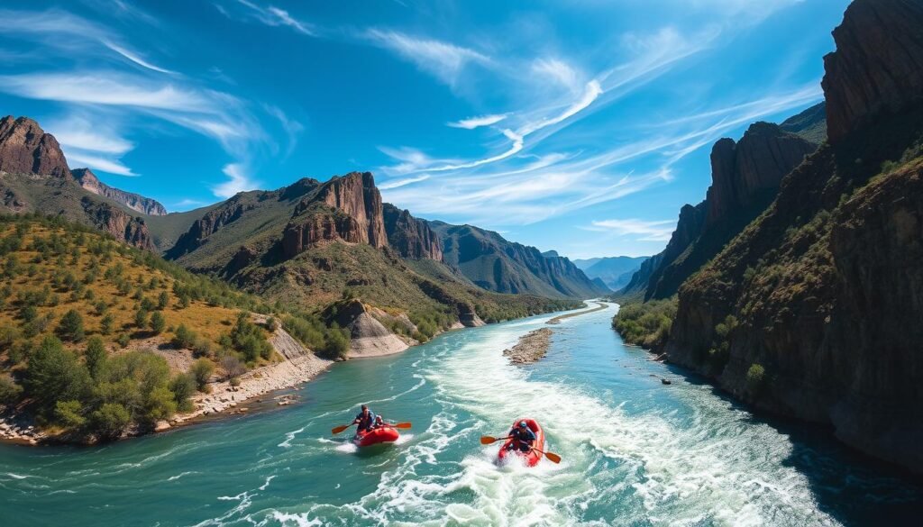 A serene, sun-dappled river winding through a rugged, verdant canyon. In the foreground, a group of adventurous rafters navigating the exhilarating white-water rapids, paddles slicing through the foaming waves. Towering, craggy cliffs rise up on either side, casting dramatic shadows across the scene. The sky above is a brilliant azure, with wispy clouds drifting lazily overhead. The overall mood is one of adrenaline-fueled excitement and immersion in the natural splendor of the American West. A wide-angle lens captures the breathtaking scale and drama of this white-water rafting adventure spot.