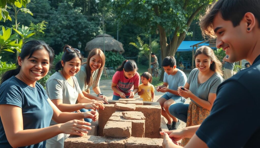 A serene, sun-dappled scene of individuals volunteering abroad. In the foreground, a group of smiling people work together to build a simple structure, their hands expertly shaping wood and stone. In the middle ground, other volunteers engage with local children, teaching them new skills or playing joyful games. In the background, lush greenery and a vibrant, culturally-rich environment create a sense of cultural immersion. The lighting is soft and warm, capturing the spirit of collaboration and cultural exchange. A wide-angle lens showcases the full scope of the meaningful volunteering experience, inviting the viewer to imagine themselves as part of this transformative journey.