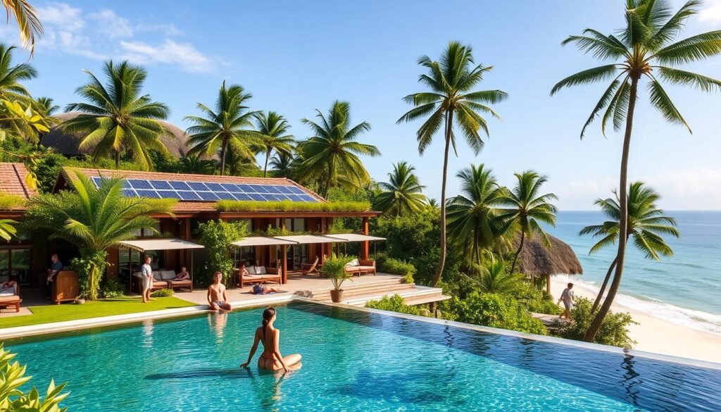 A serene, sun-dappled tropical resort with lush, verdant foliage and a tranquil infinity pool overlooking a pristine beach. In the foreground, guests engage in eco-friendly activities like beachside yoga and sustainable gardening workshops. In the middle ground, a modern, energy-efficient villa with solar panels and a living green roof blends seamlessly into the natural landscape. In the background, towering palm trees sway gently in the breeze, casting soft shadows across the scene. The overall mood is one of relaxation, sustainability, and a deep connection to the natural world.