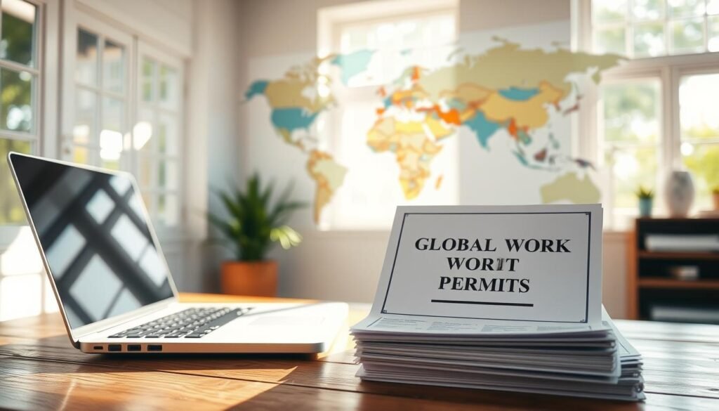 A serene, sun-drenched workspace with a wooden desk, a laptop, and a stack of official-looking documents labeled "Global Remote Work Permits". In the background, a world map with various countries highlighted, symbolizing the international scope of digital nomad visas. Soft natural lighting filters through large windows, creating a calming ambiance. The composition conveys a sense of productivity, flexibility, and the boundless opportunities afforded by the new era of remote work.