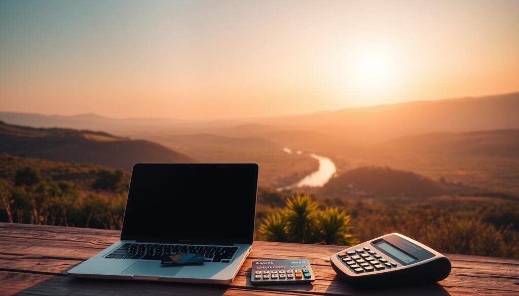 A serene, sunlit scene of a peaceful outdoor setting. In the foreground, a well-organized workspace with a laptop, credit cards, and a savings calculator. In the middle ground, a picturesque landscape with rolling hills, a winding river, and lush vegetation. The background is a vibrant, cloudless sky with warm, golden lighting that casts a soft, natural glow over the entire scene. The mood is one of tranquility and financial security, conveying the idea of maximizing travel savings through strategic credit card rewards and savvy budgeting.
