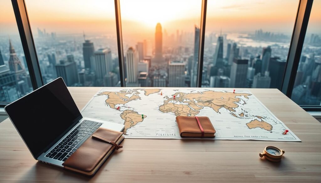 A sleek, minimalist workspace with a variety of travel planning tools neatly arranged. In the foreground, a modern laptop, a stylish leather-bound planner, and a vintage compass sit atop a light-colored, wooden desk. In the middle ground, a large, high-resolution map of the world is spread out, pinned with colorful pushpins marking potential destinations. The background features a panoramic window overlooking a bustling city skyline, bathed in the warm glow of a golden-hour sunset. The overall mood is one of excitement and anticipation, as if the viewer is about to embark on an incredible journey.