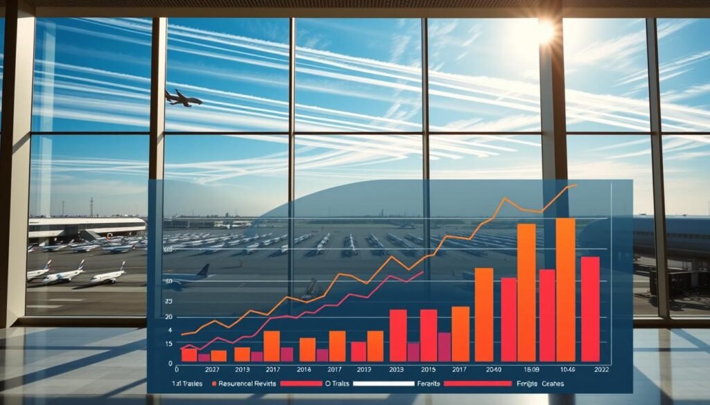 A sleek, modern airport terminal with expansive windows overlooking a bustling tarmac. Rows of aircraft take off and land, their contrails tracing delicate patterns across a crisp, blue sky. In the foreground, a data visualization dashboard displays a vibrant, animated graph charting the upward trajectory of air travel demand, represented by soaring line graphs and colorful bar charts. The lighting is bright and natural, casting a warm, inviting glow throughout the scene. The overall atmosphere conveys a sense of growth, dynamism, and the resurgence of American air travel.