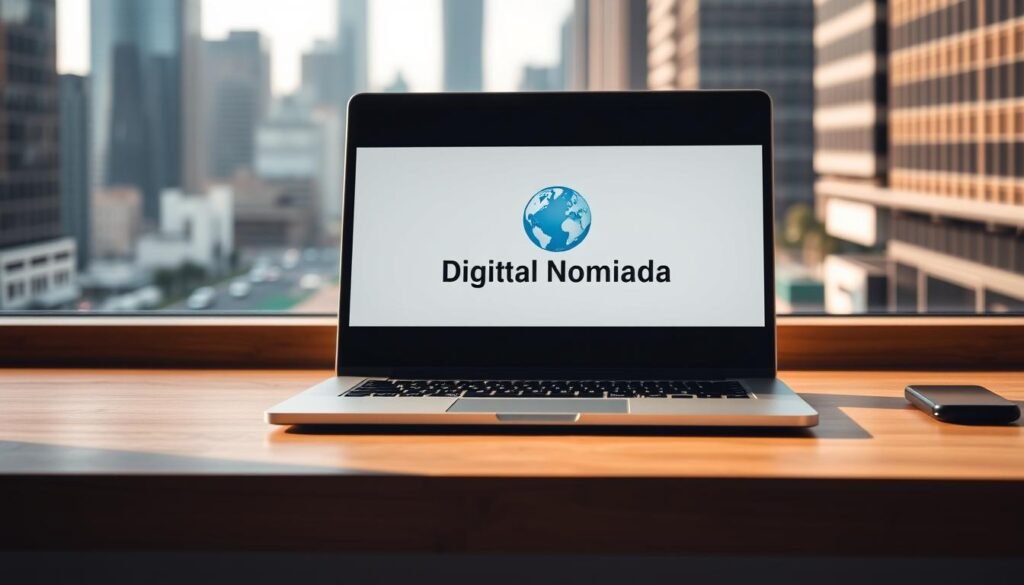 A sleek, modern laptop rests on a minimalist wooden desk, its screen displaying a globe icon and the words "Digital Nomad Visa" in a clean, stylized font. Soft, directional lighting casts subtle shadows, creating a sense of depth and dimension. In the background, a blurred cityscape of towering skyscrapers and bustling streets conveys the global, interconnected nature of the digital nomad lifestyle. The overall composition exudes a professional, aspirational tone, reflecting the concept of a flexible, location-independent work-life balance.