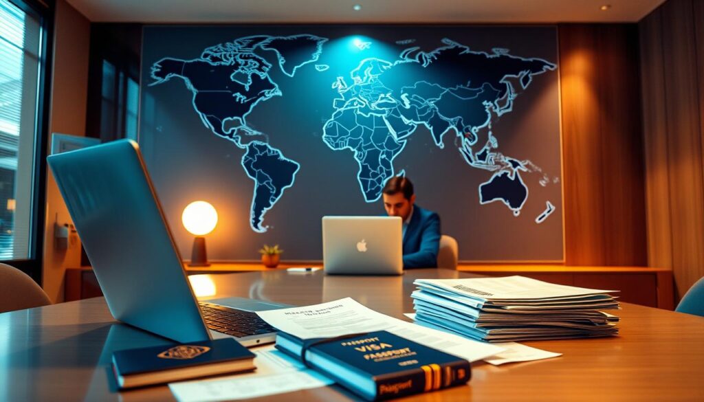 A sleek, modern office setting with an oversize world map on the wall. In the foreground, a laptop and some travel documents, including a passport and a stack of visa application forms. In the middle ground, a person sitting at a desk, intently focused on their computer screen, researching visa requirements and options for international travel. The lighting is warm and inviting, creating a sense of professionalism and productivity. The angle is slightly elevated, giving a bird's-eye view of the scene, emphasizing the planning and preparation involved in navigating the complexities of global travel.