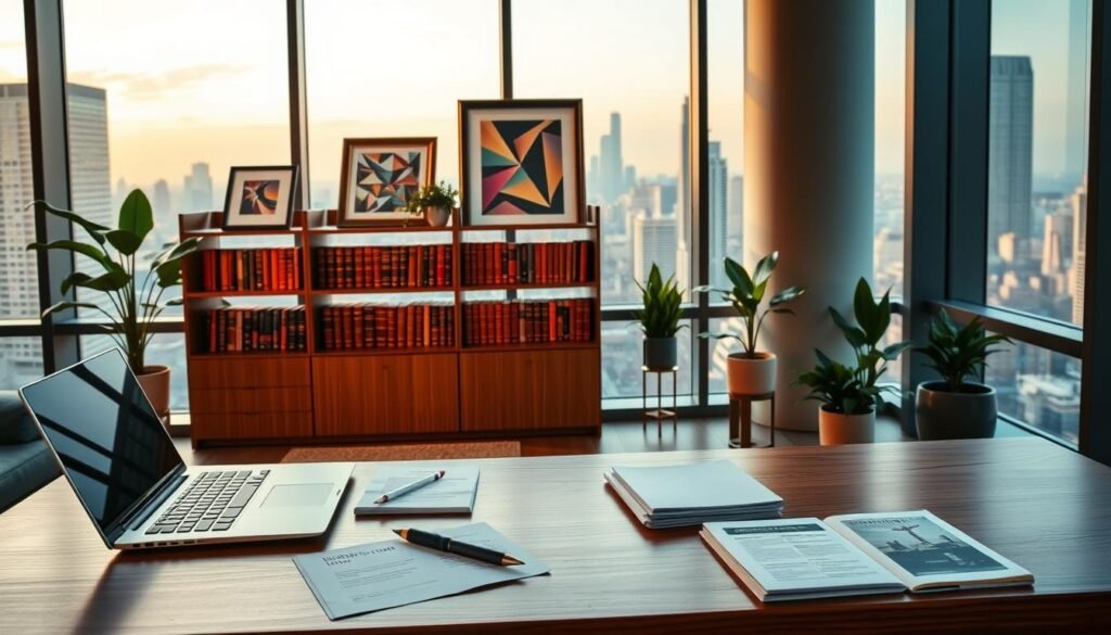 A sleek, modern office workspace with strategic business resources prominently displayed. In the foreground, a wooden desk with a laptop, pen, and neatly arranged papers. In the middle ground, stylish bookshelves filled with hardcover volumes, alongside elegant framed artworks and potted plants. The background features large windows overlooking a bustling city skyline, bathed in warm, golden-hour lighting. The overall atmosphere conveys a sense of productivity, professionalism, and thoughtful organization - the perfect setting to illustrate expert insights and resources for the discerning business traveler.
