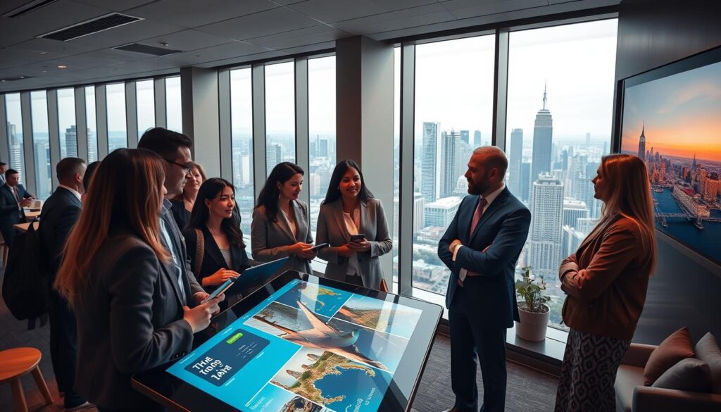 A sleek, modern travel agency office with floor-to-ceiling windows overlooking a bustling cityscape. A team of well-dressed, attentive travel experts consult with a diverse group of clients, discussing itineraries and offering personalized recommendations. The lighting is warm and inviting, creating a sense of professionalism and trust. In the foreground, a large touchscreen display showcases detailed travel packages, while in the background, a wall-mounted display highlights stunning destination imagery. The overall atmosphere conveys the benefits of booking with a reliable, personalized travel service.
