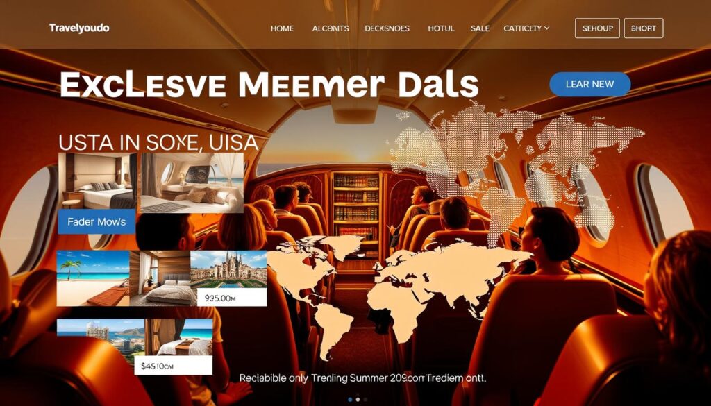 A sleek, modern travel agency website showcasing exclusive member deals. In the foreground, a group of travelers enjoying a luxurious private jet experience, with plush leather seating and panoramic windows. In the middle ground, a montage of discounted hotel suites, pristine beaches, and iconic city landmarks. The background features a stylized world map, highlighting trending summer 2025 destinations in the USA, all bathed in warm, golden lighting that evokes a sense of exclusivity and premium service. The overall scene conveys a feeling of sophisticated, yet accessible, travel opportunities available only to Travelyoudo.com members.
