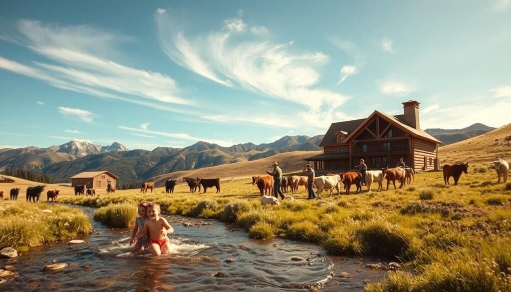 A sprawling family ranch nestled in the majestic Rocky Mountains, bathed in warm afternoon sunlight. In the foreground, children laughter echoes as they splash in a crystal-clear stream, surrounded by wildflowers. In the middle ground, ranch hands skillfully wrangle cattle, their rugged movements mirroring the undulating hills. Further back, a grand log cabin overlooks the scene, its rustic charm inviting guests to bask in the serenity of this working ranch. Wispy clouds drift across a brilliant azure sky, completing this idyllic pastoral tableau. Captured through the lens of a vintage, wide-angle camera, conveying a sense of timeless family adventures and luxury experiences on this quintessential Western retreat.