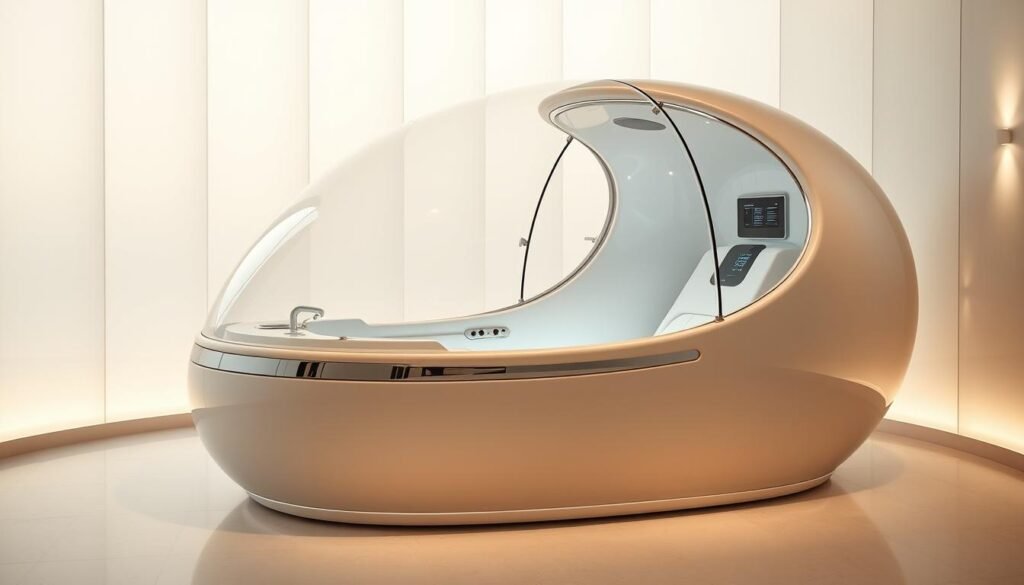A state-of-the-art hydro-massage pod rests in a serene, minimalist spa interior. Soft, diffused lighting filters through floor-to-ceiling windows, casting a warm, calming glow. The pod's sleek, curved design is crafted from gleaming chrome and tempered glass, reflecting the ambient light. High-tech controls and digital displays are seamlessly integrated, hinting at the pod's advanced hydrotherapy capabilities. A sense of tranquility and innovation permeates the scene, inviting the viewer to imagine the transformative, rejuvenating experience awaiting within.