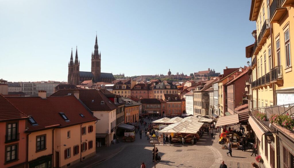 A stunning European cityscape, bathed in warm, golden light. In the foreground, cobblestone streets wind through historic, colorful buildings, their charming architecture and intricate details capturing the essence of old-world charm. In the middle ground, a bustling open-air market comes to life, vendors selling local wares and delicacies, creating a vibrant, immersive experience. In the background, iconic landmarks like church spires and ancient castles rise majestically, hinting at the rich cultural heritage of the region. The scene exudes a sense of timeless elegance and wonder, inviting the viewer to embark on an unforgettable journey through the heart of Europe.