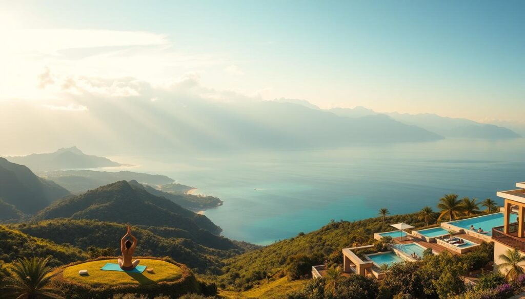 A stunning panoramic landscape showcasing diverse global wellness destinations. In the foreground, a tranquil yoga retreat nestled amidst lush, verdant hills. Sunlight filters through wispy clouds, casting a warm, golden glow. In the middle ground, a sleek, modern spa complex overlooking a serene, turquoise ocean. Guests unwind in infinity pools as a light sea breeze caresses their faces. In the distant background, snow-capped mountain peaks rise majestically, their rugged beauty inspiring awe and a sense of peaceful solitude. The entire scene exudes an atmosphere of rejuvenation, balance, and holistic well-being.