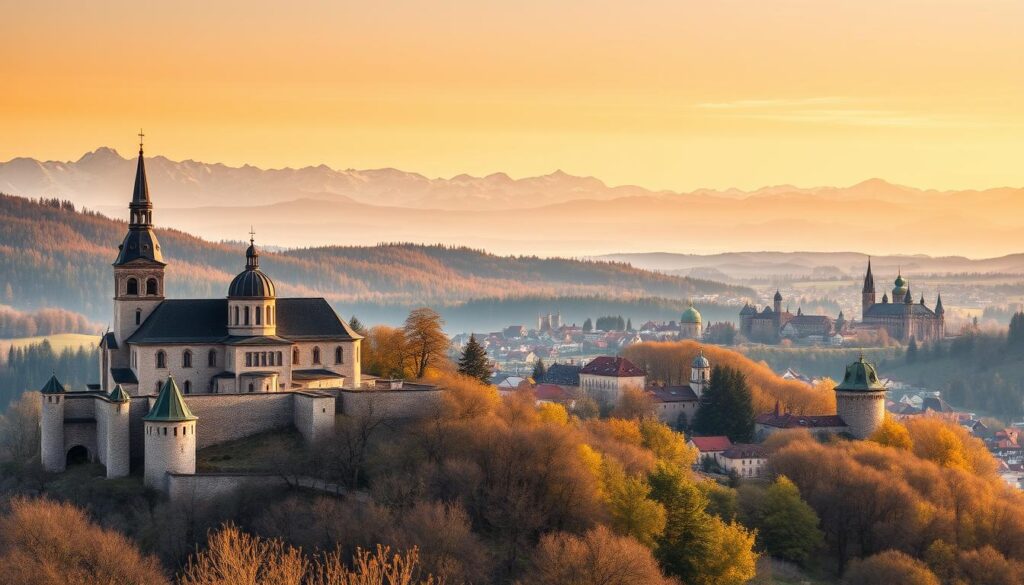 A stunning panoramic view of UNESCO World Heritage sites nestled in the picturesque landscapes of Eastern Europe. In the foreground, ancient castles and cathedrals stand majestically, their spires and domes reflecting the warm glow of the setting sun. The middle ground features rolling hills and lush forests, dotted with quaint villages and medieval towns. In the distance, snow-capped peaks pierce the horizon, creating a breathtaking backdrop. The scene is bathed in a soft, golden light, conveying a sense of timeless wonder and cultural heritage. Captured through the lens of a wide-angle, high-resolution camera, this image invites the viewer to explore the rich tapestry of history and natural beauty that defines the off-season charm of Eastern Europe.
