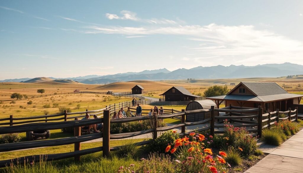A sun-dappled ranch nestled in the rolling hills, with weathered wooden fences and a rustic barn in the distance. In the foreground, a group of guests relax on a spacious porch, sipping lemonade and taking in the scenic vistas. The middle ground features a well-tended garden, bursting with vibrant wildflowers. In the background, majestic mountains rise up, their peaks kissed by wispy clouds. The scene is bathed in a warm, golden light, creating a sense of timeless tranquility. A wide-angle lens captures the expansive, idyllic setting, evoking the spirit of an authentic dude ranch getaway in the summer of 2025.
