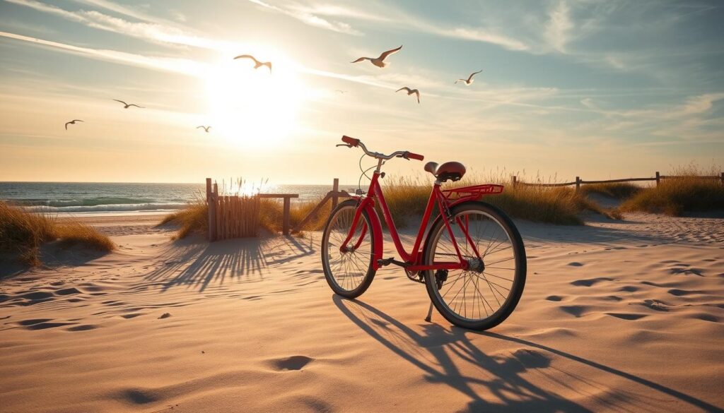 A sun-drenched Nantucket beach, pristine sand and gently lapping waves. In the foreground, a vibrant red beach cruiser bicycle stands ready for adventure, its rider's shadow cast across the ground. Swaying dune grasses and a weathered wooden fence line the middle ground, leading the eye towards the horizon where a flock of seagulls soar effortlessly. Warm, golden light filters through wispy clouds, casting a tranquil glow over the entire scene. The atmosphere is one of carefree island living, where outdoor pursuits and natural beauty intertwine in perfect harmony. A sun-drenched Nantucket beach, pristine sand and gently lapping waves. In the foreground, a vibrant red beach cruiser bicycle stands ready for adventure, its rider's shadow cast across the ground. Swaying dune grasses and a weathered wooden fence line the middle ground, leading the eye towards the horizon where a flock of seagulls soar effortlessly. Warm, golden light filters through wispy clouds, casting a tranquil glow over the entire scene. The atmosphere is one of carefree island living, where outdoor pursuits and natural beauty intertwine in perfect harmony.