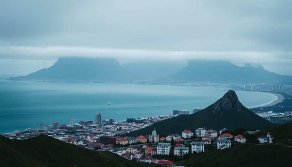 A sweeping cityscape of Cape Town, South Africa, captured in an overcast, moody light. In the foreground, iconic landmarks like Table Mountain, the V&A Waterfront, and the colorful houses of Bo-Kaap stand in sharp relief. In the middle ground, the blue waters of the Atlantic Ocean stretch out, dotted with sailboats and yachts. In the background, the rugged Twelve Apostles mountain range looms, creating a dramatic and awe-inspiring backdrop. The scene conveys a sense of adventure, history, and the unique blend of natural and urban elements that make Cape Town a must-visit destination.