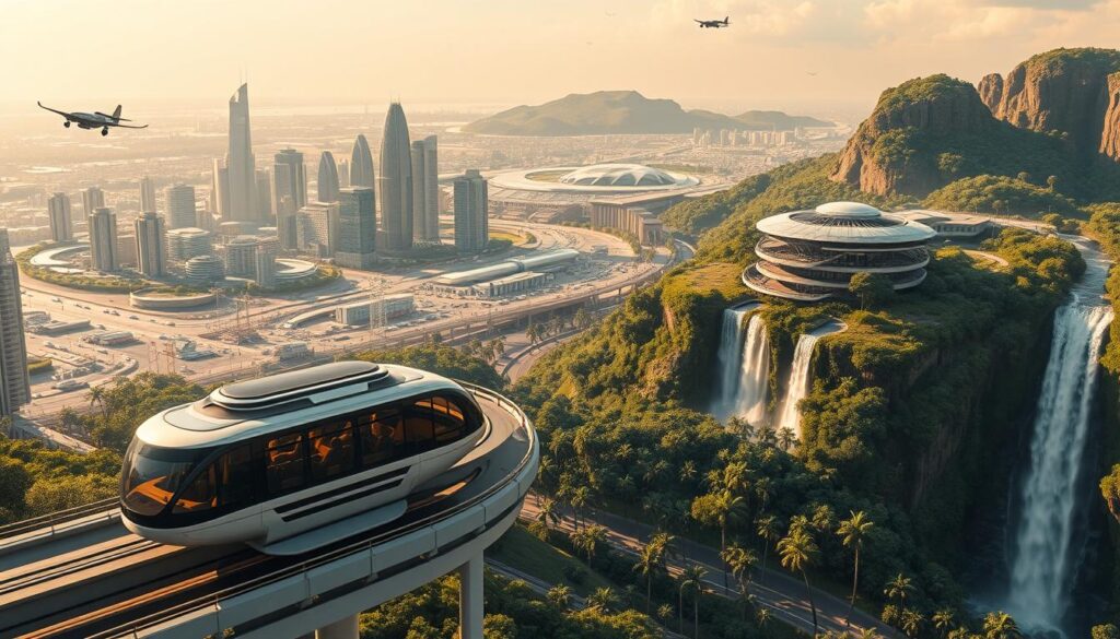 A sweeping futuristic landscape in 2025, showcasing the evolving travel trends and destinations. In the foreground, a sleek hover-bus glides effortlessly along elevated transit routes, transporting passengers to their destinations. The middle ground features a bustling metropolitan hub, with towering skyscrapers and flying cars zipping through the air. In the distance, a lush, technologically-advanced eco-resort nestled amidst towering waterfalls and verdant foliage, representing the growing demand for sustainable and immersive travel experiences. The scene is bathed in a warm, golden glow, creating a sense of optimism and progress. Cinematic camera angles, dramatic lighting, and a sense of depth and scale convey the scope and ambition of the 2025 travel landscape.