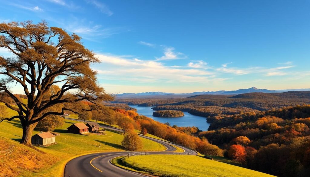 A sweeping southern landscape, bathed in golden afternoon light. In the foreground, a winding road cuts through verdant rolling hills, dotted with picturesque barns and homesteads. Towering oak trees line the route, their twisted branches casting dramatic shadows. In the middle ground, a tranquil river reflects the azure sky, its banks bordered by thick forests in autumnal hues. Distant peaks rise up on the horizon, their silhouettes framed by wispy clouds. The scene exudes a sense of timeless, unhurried charm - an inviting gateway to the enchanting heart of the American South.