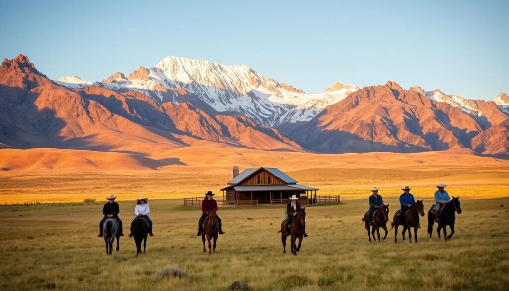 A sweeping vista of a premier dude ranch, nestled amidst rugged mountains and rolling grasslands. In the foreground, a group of guests on horseback, clad in classic cowboy attire, ride across a sun-dappled meadow. In the middle ground, a rustic log cabin and weathered barn stand in harmony with the natural landscape. The background is framed by towering peaks, their snow-capped summits glowing in the warm, golden light of a setting sun. The scene exudes a sense of adventure, tranquility, and the timeless allure of the American West.