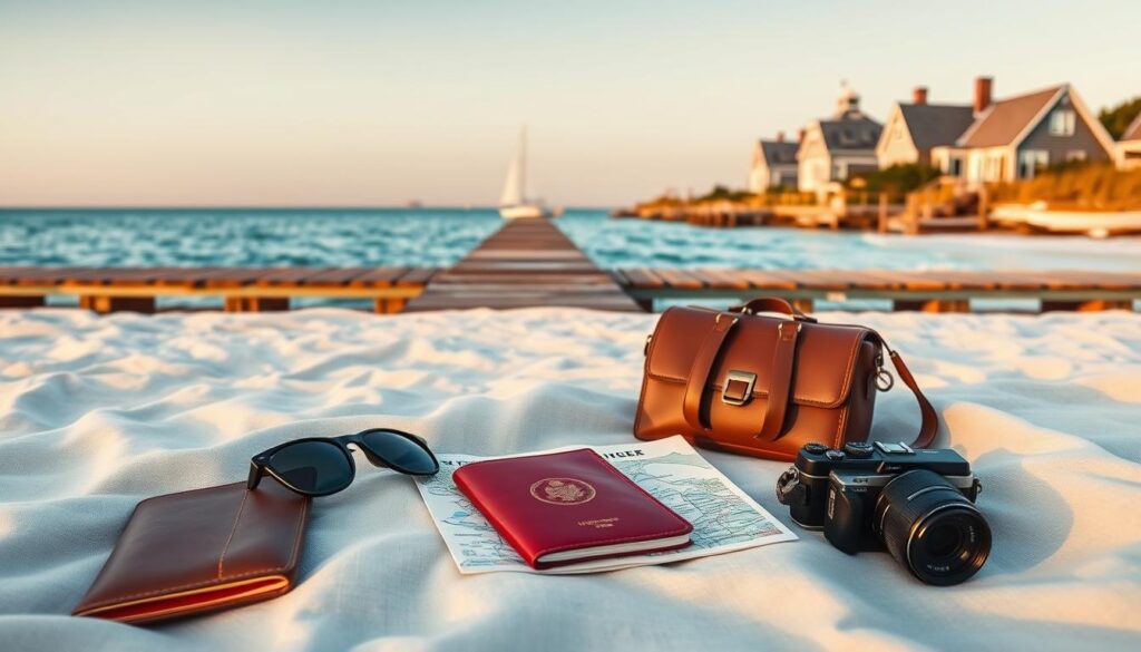 A tranquil beach scene on the shores of Nantucket, with a stylish traveler's essentials laid out on a picnic blanket. In the foreground, a leather passport holder, sleek sunglasses, a map, and a compact camera rest atop a soft, linen-textured cloth. The middle ground features a wooden pier stretching into the distance, where a lone sailboat glides across the calm, aquamarine waters. In the background, a row of charming, weathered cottages line the coast, their gray-shingled roofs and white-washed walls bathed in the warm, golden glow of the setting sun. The overall atmosphere exudes a sense of effortless, coastal sophistication - a perfect visual representation of a seamless, luxurious getaway to Nantucket. A tranquil beach scene on the shores of Nantucket, with a stylish traveler's essentials laid out on a picnic blanket. In the foreground, a leather passport holder, sleek sunglasses, a map, and a compact camera rest atop a soft, linen-textured cloth. The middle ground features a wooden pier stretching into the distance, where a lone sailboat glides across the calm, aquamarine waters. In the background, a row of charming, weathered cottages line the coast, their gray-shingled roofs and white-washed walls bathed in the warm, golden glow of the setting sun. The overall atmosphere exudes a sense of effortless, coastal sophistication - a perfect visual representation of a seamless, luxurious getaway to Nantucket.