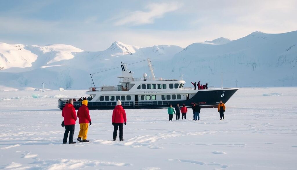 A tranquil, snow-covered landscape with a modern, eco-friendly polar expedition vessel at the center. The ship features renewable energy technologies like solar panels and wind turbines, blending seamlessly with the pristine, icy environment. In the foreground, a group of adventurous travelers are preparing for their journey, outfitted in warm, weatherproof gear. The middle ground showcases the ship's deck, where tour guides provide a safety briefing and point out unique wildlife sightings. In the background, towering glaciers and icebergs create a majestic, awe-inspiring backdrop, radiating a sense of wonder and exploration. The scene is bathed in a soft, natural light, conveying a serene and sustainable experience for polar travel enthusiasts.