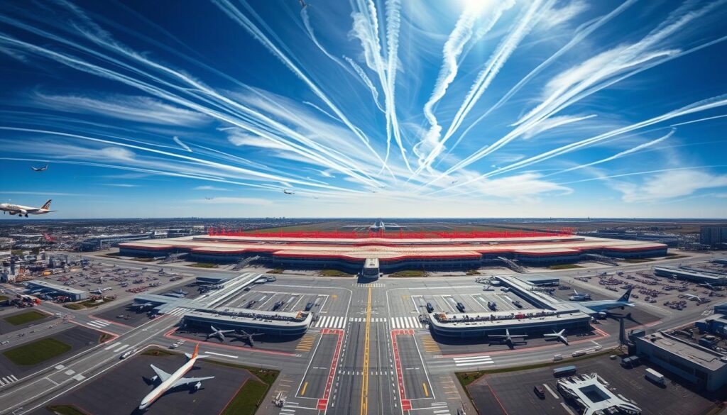 A vast, panoramic aerial view of an international airport, with a striking visual representation of airline capacity shifts. In the foreground, a dynamic flow of aircraft taking off and landing, their contrails tracing intricate patterns across the sky. The middle ground showcases the expansive terminals and runways, bustling with activity as passengers and cargo move through the complex infrastructure. In the background, a heatmap visualization overlays the scene, depicting the ebb and flow of airline routes and passenger volumes, highlighting the shifting trends in global air travel. The lighting is crisp and vivid, capturing the energy and scale of the aviation industry, while the camera angle provides a sense of depth and grandeur, conveying the significant impact of these capacity shifts on the broader travel landscape.
