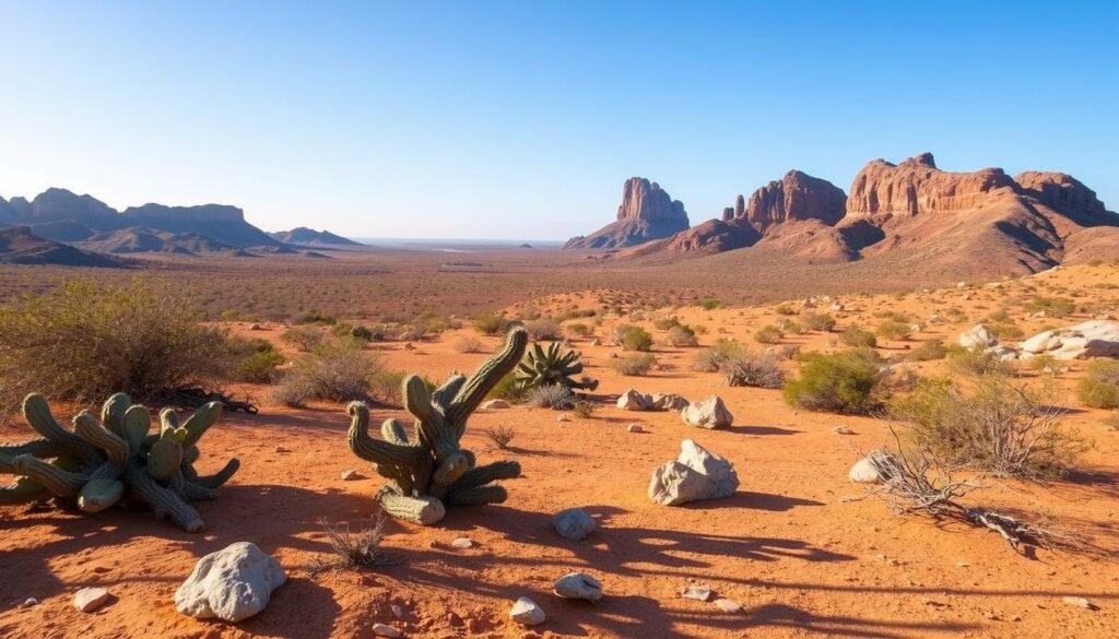 A vast, sun-drenched desert landscape stretches out before the viewer, the rugged, ochre-hued terrain of Arikok National Park in Aruba. In the foreground, gnarled cacti and twisted, weathered rocks dot the parched ground, casting long shadows in the warm, golden light. The middle ground is dominated by gently rolling hills, their slopes dotted with sparse, hardy vegetation that sways in the gentle breeze. In the distance, the horizon is punctuated by the dramatic silhouettes of towering rock formations, their jagged peaks reaching up towards a cloudless, azure sky. The overall atmosphere is one of tranquil, arid serenity, perfectly capturing the tropical ambiance of Aruba.