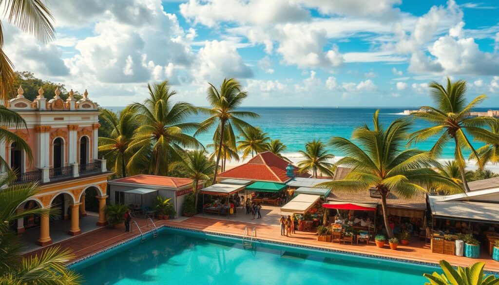 A vibrant Caribbean landscape with iconic cultural heritage sites nestled amidst lush tropical foliage. In the foreground, a picturesque historic colonial building with ornate architecture and vibrant hues, its elegant facade reflecting in a tranquil turquoise pool. The middle ground features a bustling open-air market, vendors selling vibrant handcrafted wares and fresh local produce under the shade of swaying palm trees. In the background, a stunning coastline with azure waters lapping against pristine white sand beaches, with distant silhouettes of iconic landmarks like forts and historic lighthouses. Warm, golden sunlight filters through wispy clouds, casting a warm, inviting glow over the entire scene. Lens: 50mm. Exposure: f/8, 1/250s.