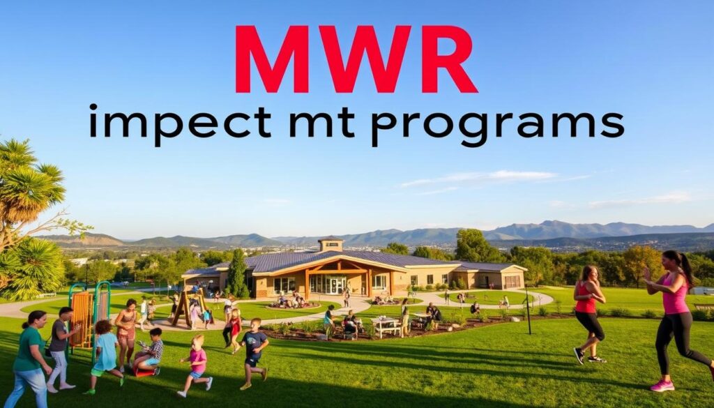 A vibrant, community-focused image showcasing the impact of MWR (Morale, Welfare, and Recreation) programs. In the foreground, diverse members of the military community engage in various recreational activities - a group of children playing on a jungle gym, families picnicking under the warm glow of the sun, and active-duty personnel participating in a fitness class. The middle ground features a well-equipped community center with a modern, inviting exterior, surrounded by lush greenery and a neatly manicured landscape. In the background, a scenic vista of rolling hills and a clear blue sky, creating a sense of tranquility and connection to the natural world. The lighting is soft and diffused, casting a warm, welcoming atmosphere over the entire scene. The overall composition conveys the vital role that MWR programs play in enhancing the quality of life and fostering a strong, supportive military community.