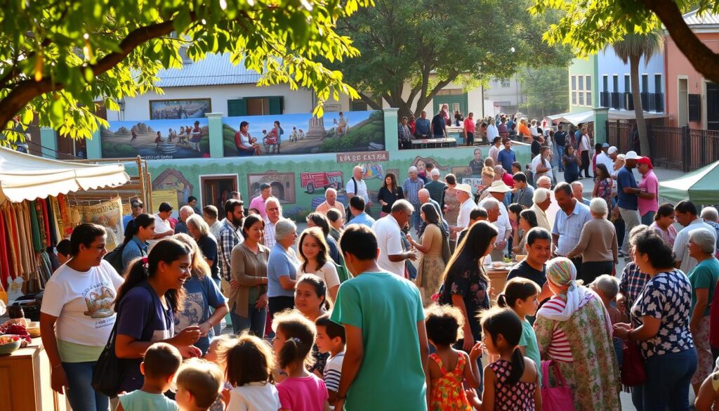 A vibrant community gathering in a sun-dappled town square, local artisans and craftspeople showcasing their wares. In the foreground, a group of volunteers interacting with children, laughing and playing games. The middle ground features a colorful mural depicting scenes of daily life, conveying a sense of shared purpose and cultural richness. In the background, a diverse crowd of residents and visitors mingling, sharing meals and exchanging stories. Warm lighting casts a golden glow, evoking a spirit of connection, collaboration, and the positive impact of community-driven initiatives.