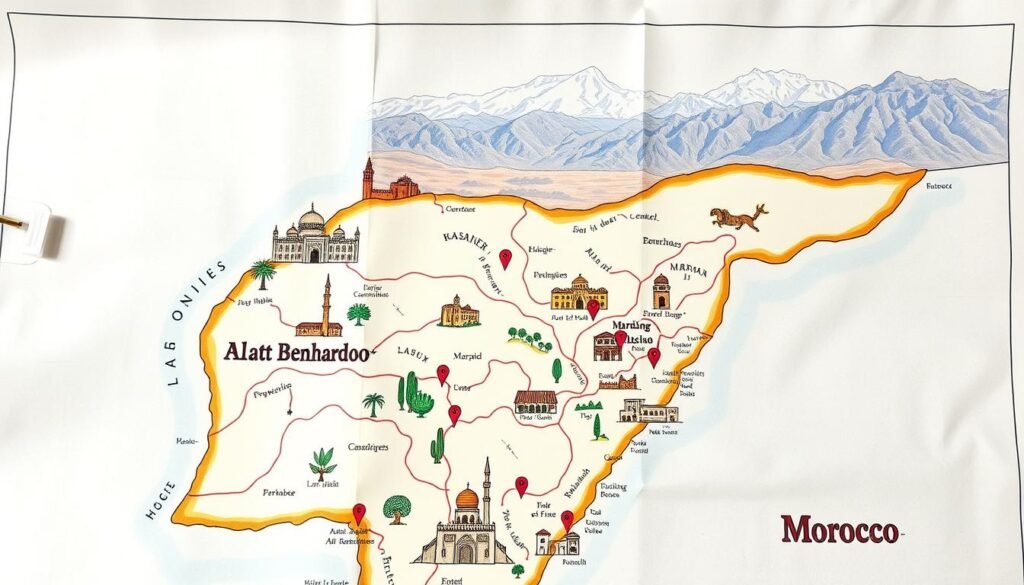 A vibrant, hand-drawn map of Morocco unfurls, showcasing a custom itinerary across the country. In the foreground, intricate illustrations depict iconic landmarks like the Hassan II Mosque in Casablanca, the Ksar of Aït Benhaddou, and the Djemaa el-Fna square in Marrakech. The middle ground features meandering desert paths, lush oases, and traditional Berber villages, each marked with colorful pins. In the background, the majestic Atlas Mountains rise, their snow-capped peaks casting dramatic shadows. The overall aesthetic evokes a sense of adventure, cultural immersion, and personalized exploration, perfectly capturing the essence of a customized Morocco tour.