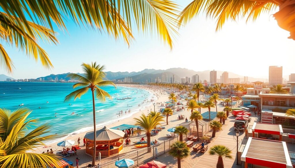 A vibrant summer scene in the United States, capturing the essence of vacation destinations. In the foreground, a sun-drenched beach with crystal-clear turquoise waters, palm trees swaying gently in the breeze. In the middle ground, colorful beachfront cabanas and lively boardwalks, bustling with families and friends enjoying activities like surfing, kayaking, and stand-up paddleboarding. In the background, majestic mountain ranges or iconic cityscapes, bathed in warm, golden sunlight. The atmosphere is one of relaxation, adventure, and pure summer bliss, inviting the viewer to imagine themselves immersed in the quintessential American summer vacation experience.