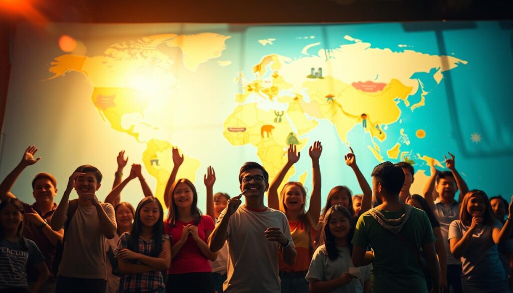 A vibrant world map backdrop, illuminated by warm, diffused lighting. In the foreground, a diverse group of volunteers enthusiastically engage in various global service projects - building homes, teaching children, caring for the environment. The midground features icons representing the breadth of volunteer opportunities, from wildlife conservation to community development. The composition conveys a sense of global connectivity, empowerment, and the transformative power of service. Subtle lens flare and depth of field create a visually striking, cinematic aesthetic.